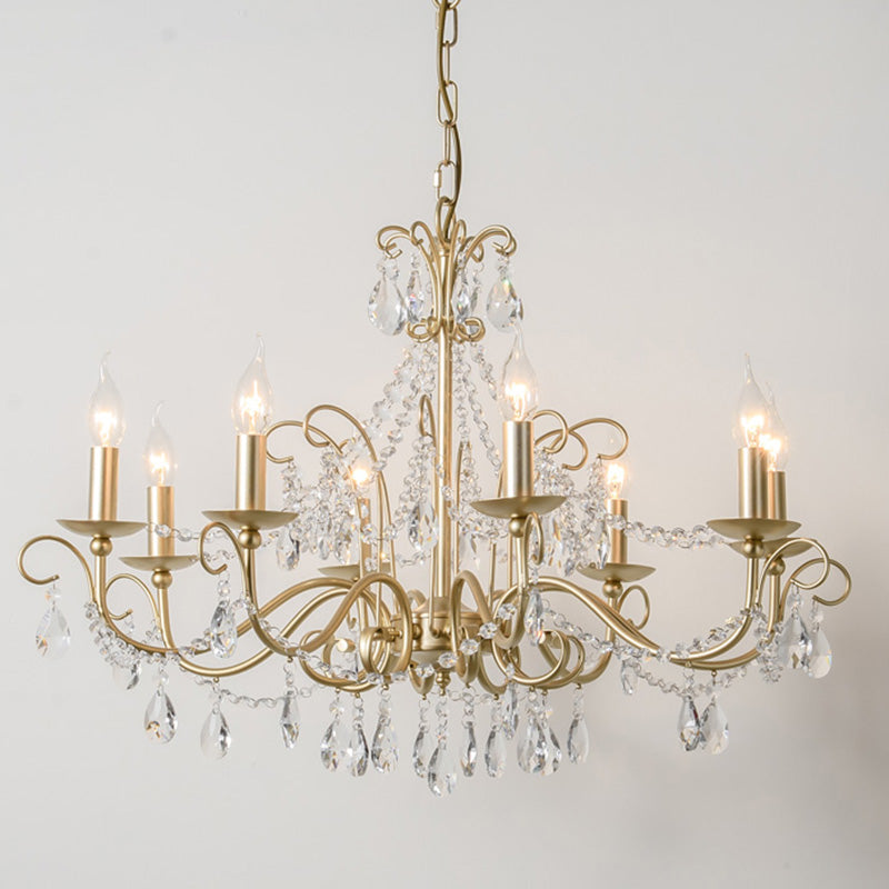 Frosted Gold French Style Chandelier Light with Candlestick Metal Multi Light Pendant with Clear Crystal