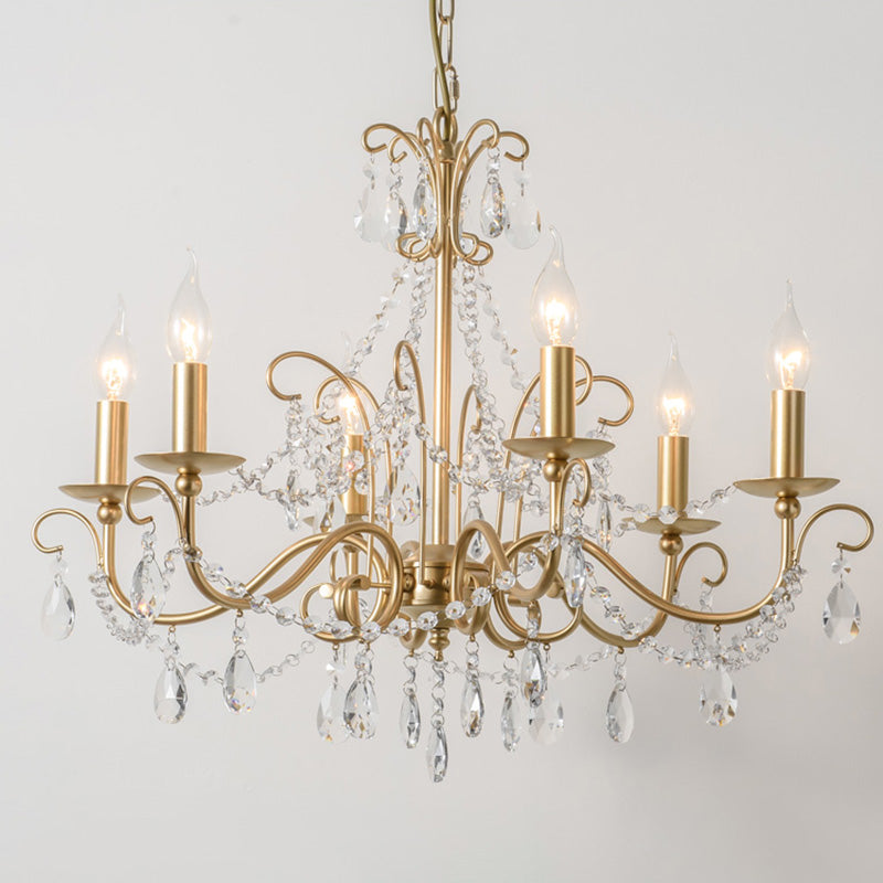 Frosted Gold French Style Chandelier Light with Candlestick Metal Multi Light Pendant with Clear Crystal