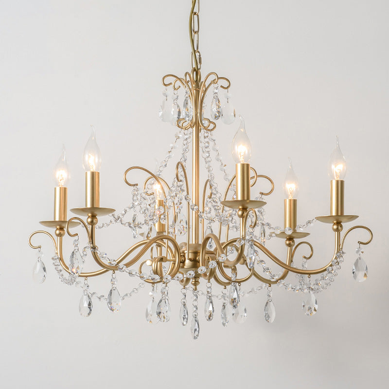 Frosted Gold French Style Chandelier Light with Candlestick Metal Multi Light Pendant with Clear Crystal