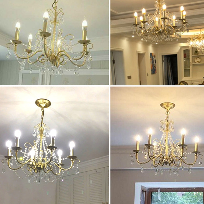 Frosted Gold French Style Chandelier Light with Candlestick Metal Multi Light Pendant with Clear Crystal
