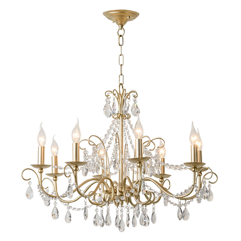 Frosted Gold French Style Chandelier Light with Candlestick Metal Multi Light Pendant with Clear Crystal