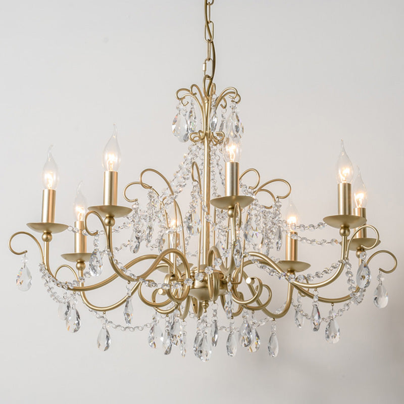 Frosted Gold French Style Chandelier Light with Candlestick Metal Multi Light Pendant with Clear Crystal