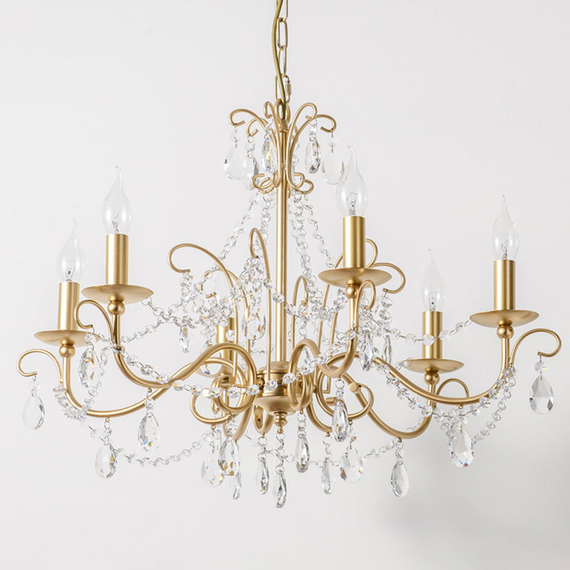Frosted Gold French Style Chandelier Light with Candlestick Metal Multi Light Pendant with Clear Crystal