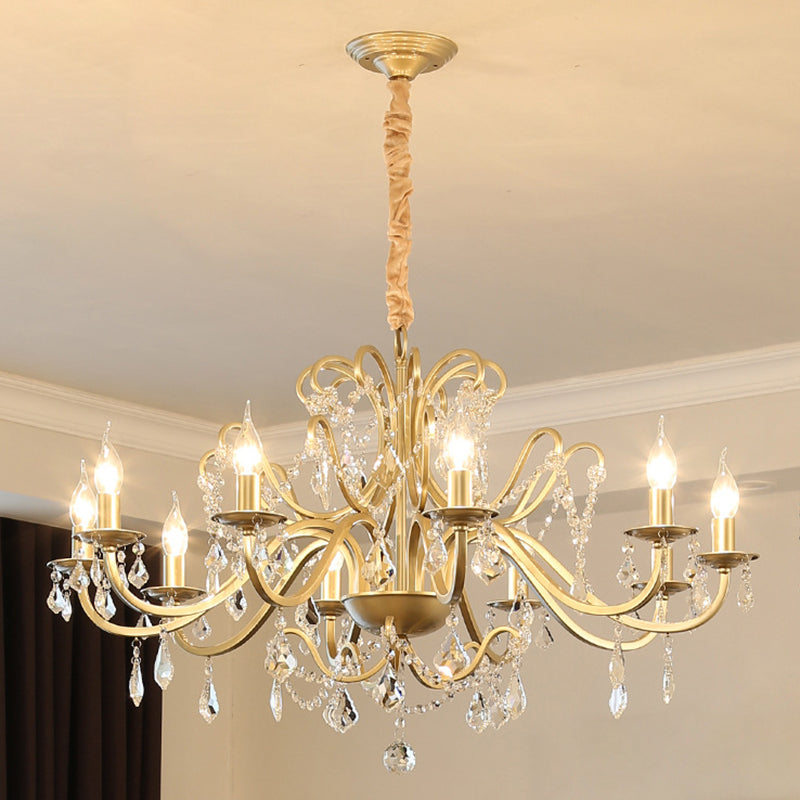 Clear Crystal Pendant Lamp with Candle Lamp Holder Vintage Country Style Chandelier Lighting in Gold