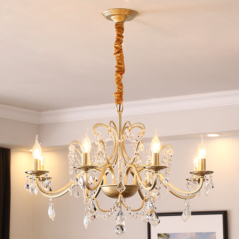Clear Crystal Pendant Lamp with Candle Lamp Holder Vintage Country Style Chandelier Lighting in Gold