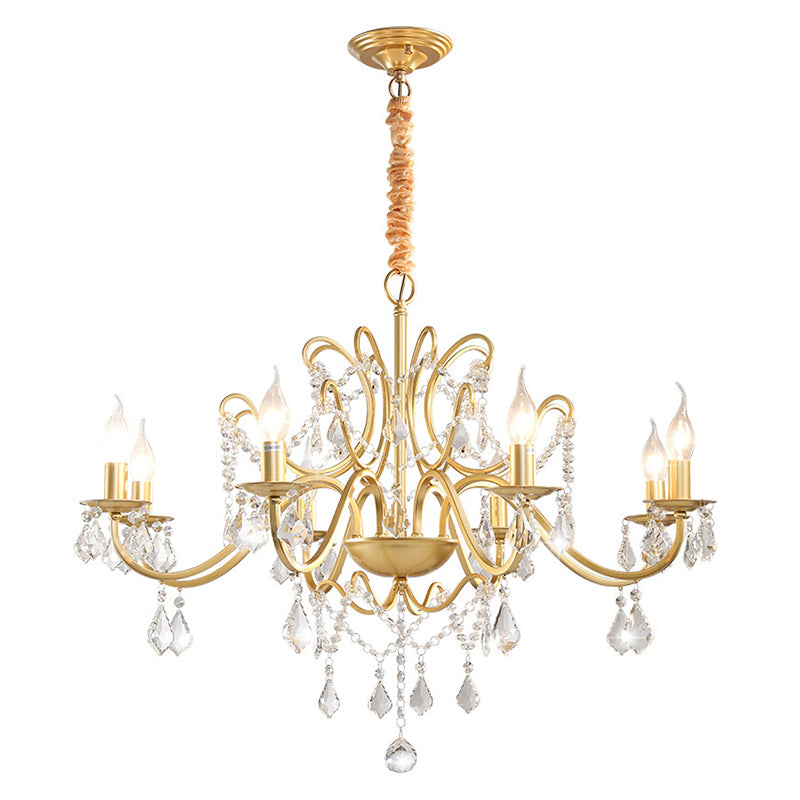 Clear Crystal Pendant Lamp with Candle Lamp Holder Vintage Country Style Chandelier Lighting in Gold
