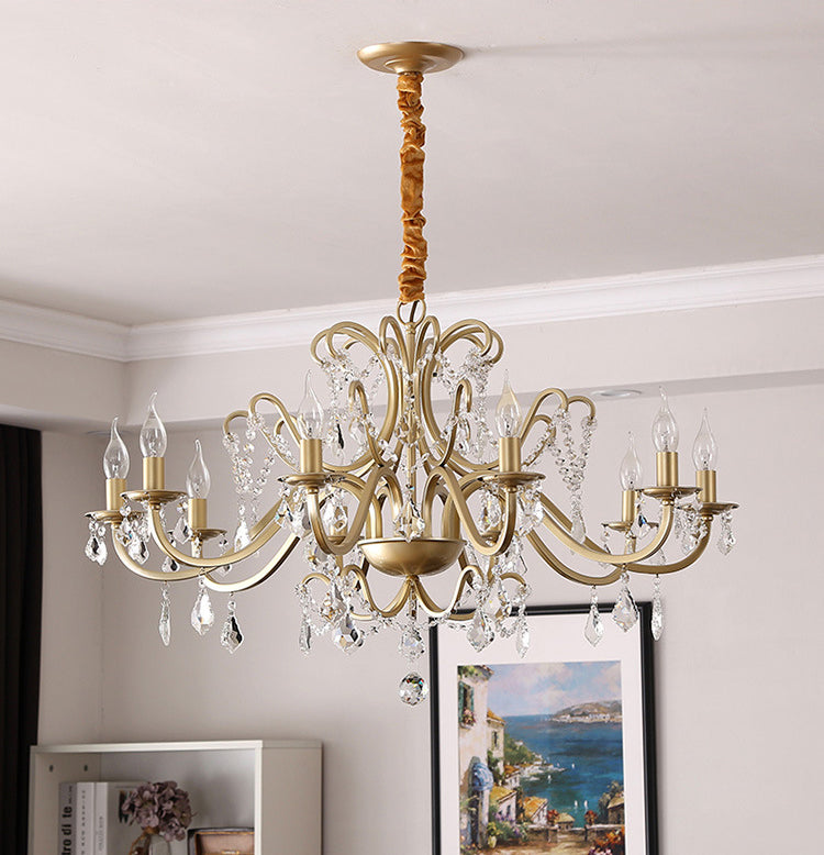 Clear Crystal Pendant Lamp with Candle Lamp Holder Vintage Country Style Chandelier Lighting in Gold