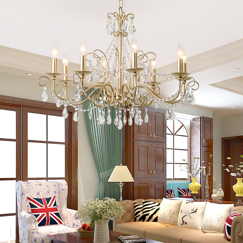 Candlestick French Style Chandelier Lighting Clear Crystal Multi Lights Metal Hanging Ceiling Light in Gold