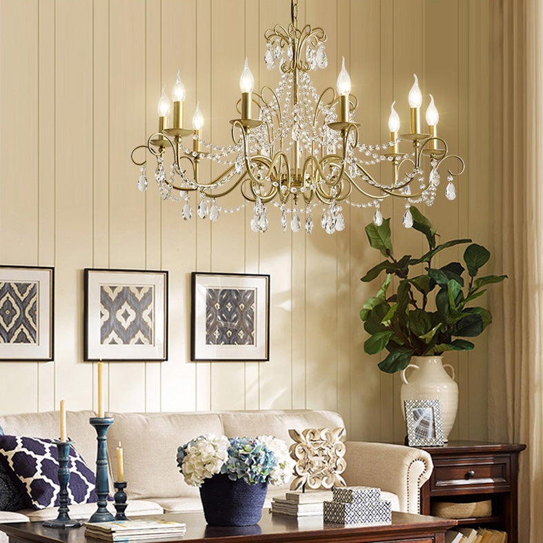 American Rustic Style Chandelier Light with Clear Crystal Drops Multi-lights Vintage Dining Room Lighting Fixture