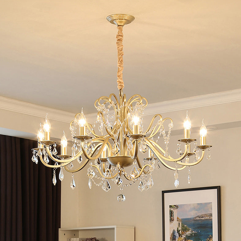 Clear Crystal Pendant Lamp with Candle Lamp Holder Vintage Country Style Chandelier Lighting in Gold