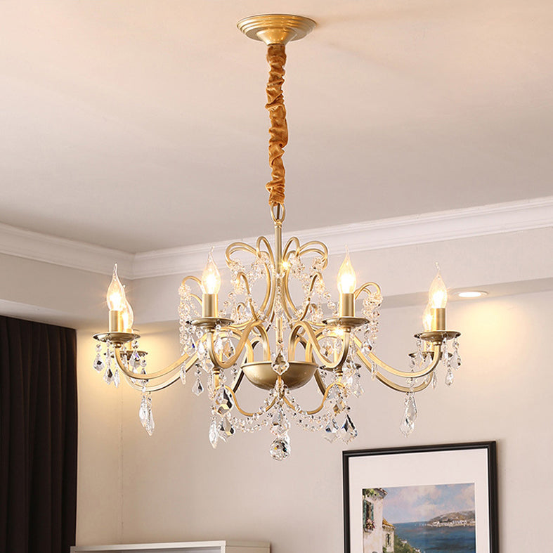 Clear Crystal Pendant Lamp with Candle Lamp Holder Vintage Country Style Chandelier Lighting in Gold