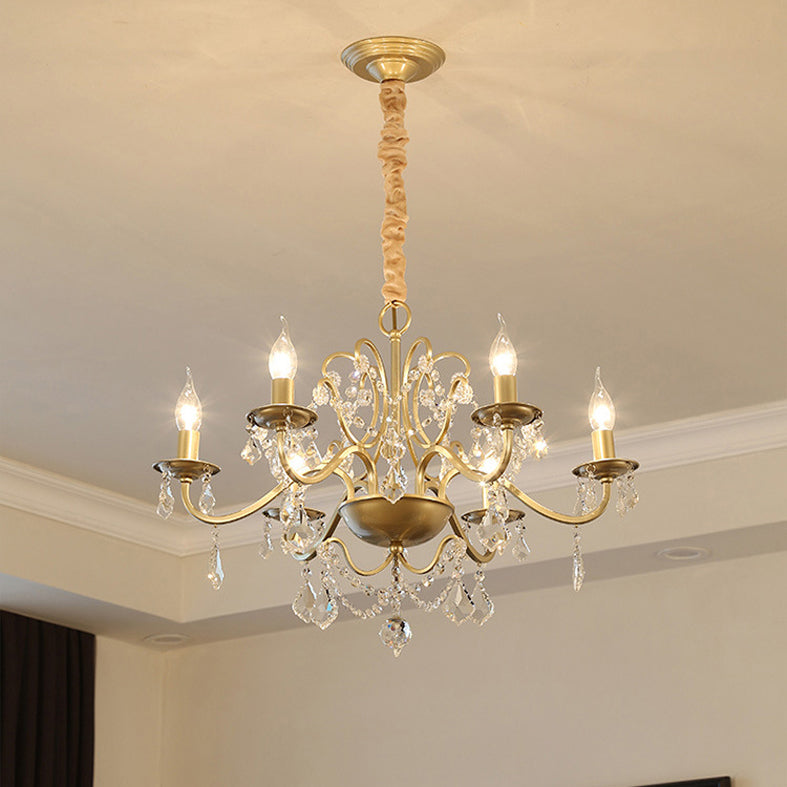 Clear Crystal Pendant Lamp with Candle Lamp Holder Vintage Country Style Chandelier Lighting in Gold