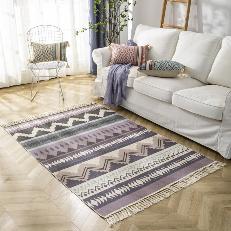 Mehrfarbiger, minimalistischer Teppich, Baumwolle, Tribal-Druck, Innenteppich, Fransenteppich für Wohnzimmer