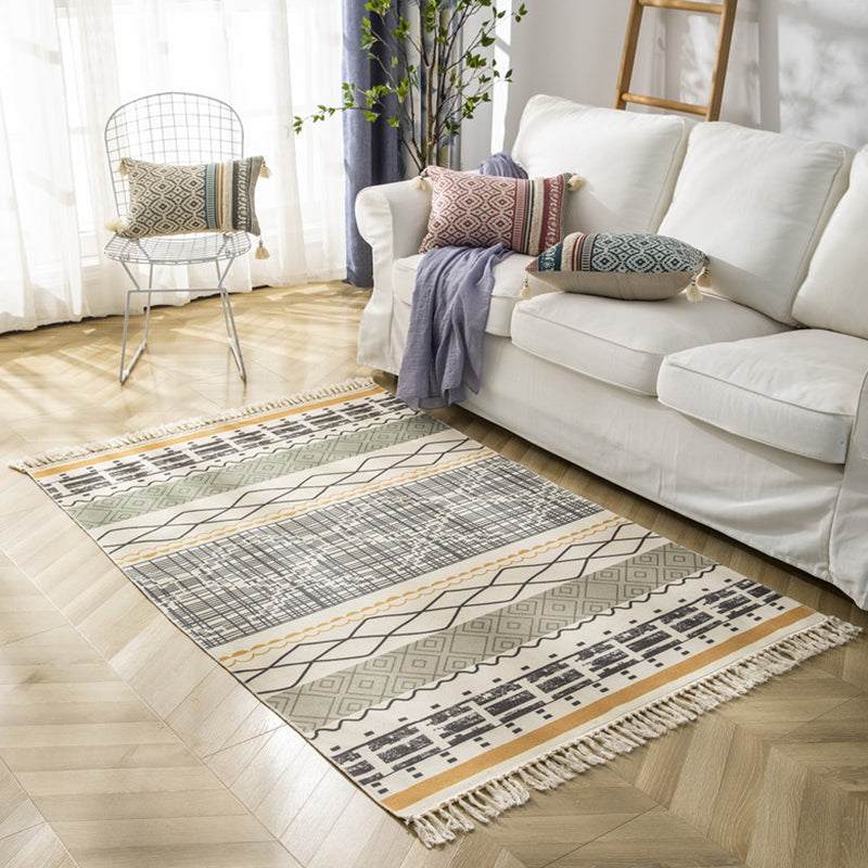 Mehrfarbiger, minimalistischer Teppich, Baumwolle, Tribal-Druck, Innenteppich, Fransenteppich für Wohnzimmer