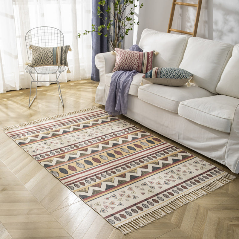 Mehrfarbiger, minimalistischer Teppich, Baumwolle, Tribal-Druck, Innenteppich, Fransenteppich für Wohnzimmer