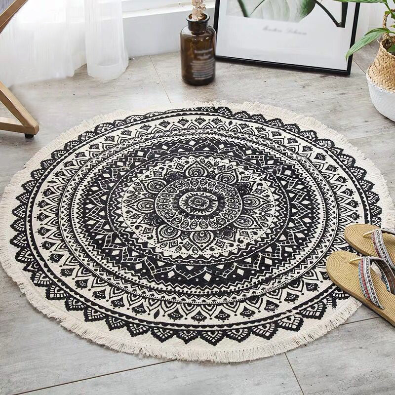 Tapis d'intérieur rond Simple en coton, ton blanc, octogonal, imprimé de fleurs, à franges, pour salon