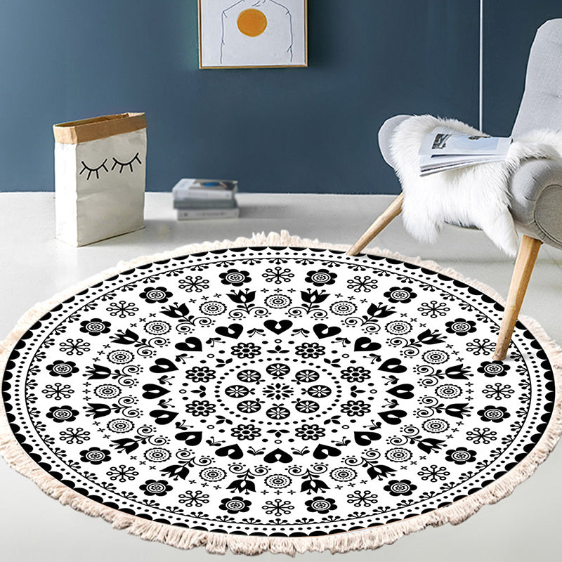 Round White Tone Modern Indoor Rug Cotton Symmetrical Pattern Carpet Easy Care Rug for Home Decoration