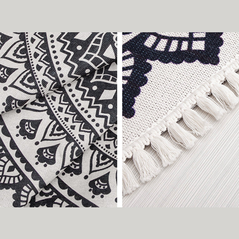 Round White Tone Modern Indoor Rug Cotton Symmetrical Pattern Carpet Easy Care Rug for Home Decoration