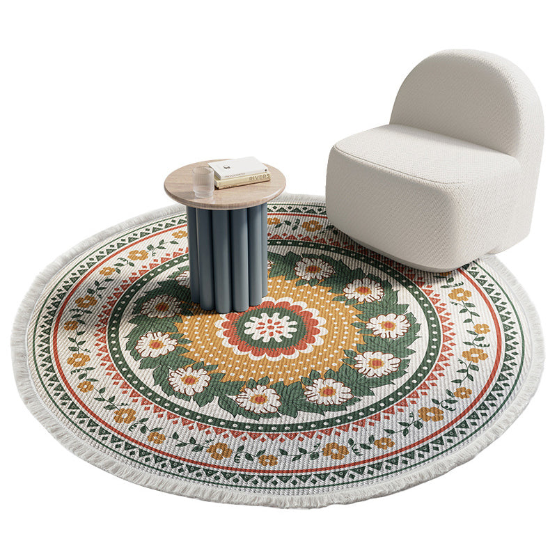 Distinctive Moroccan Round Rug Victoria Floral Printed Area Rug with Fringe Cotton Blend Washable Carpet for Home Decor