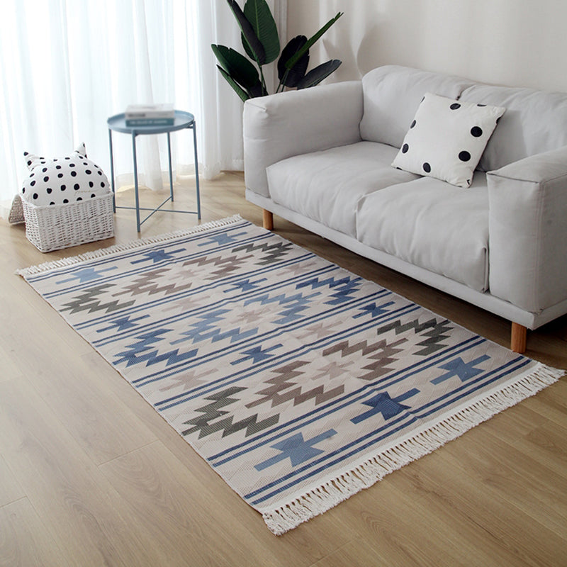 Blue Tone Home Decoration Carpet Eclectic Ethnic Printed Area Rug Cotton with Fringe Rug