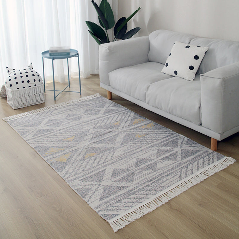 Blue Tone Home Decoration Carpet Eclectic Ethnic Printed Area Rug Cotton with Fringe Rug