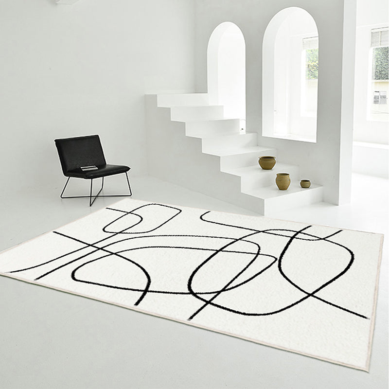 White Tone Casual Area Rug Polyester Lines Print Rug Non-Slip Backing Indoor Rug for Living Room