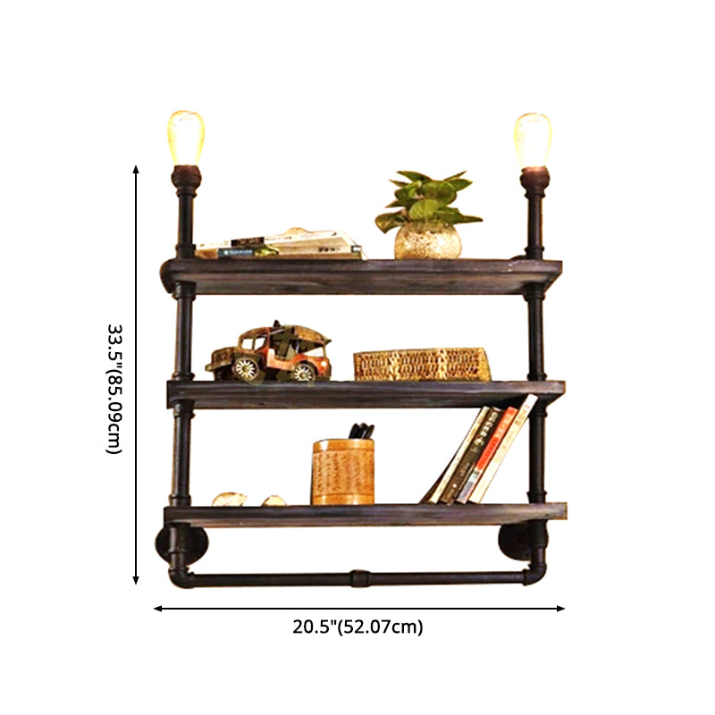 Industrielle Rohrleitungswand montierte Beleuchtung Metallic Wandleuchten in Schwarz mit Holzregal