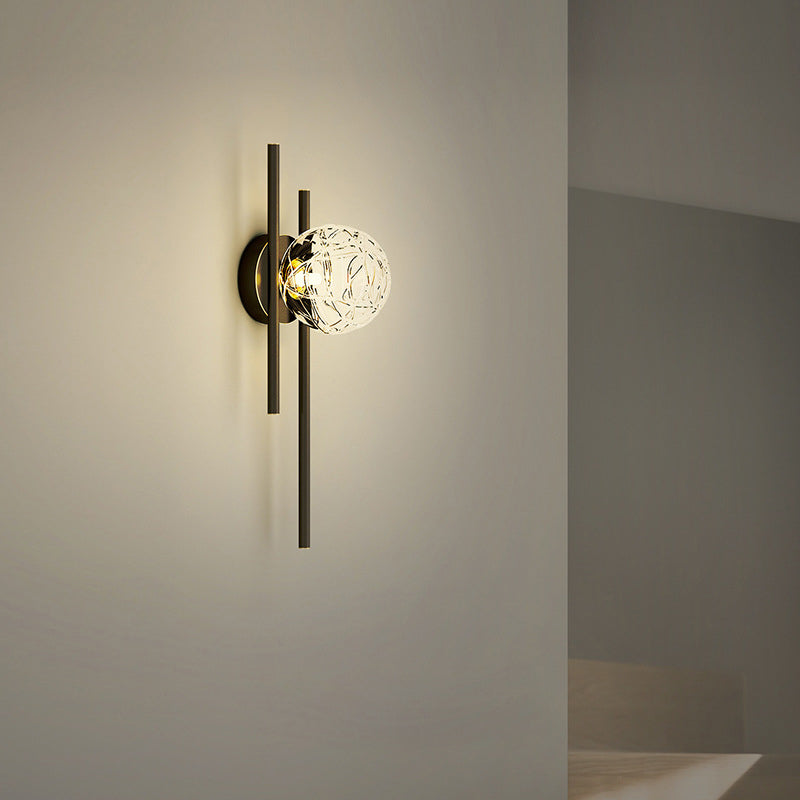 18" H Full Copper Wall Lamp Transparent Glass Globe Shade Nordic Style Metal Lines Sconce Lights for Bedroom
