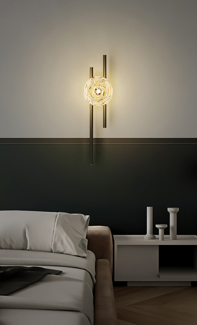 18" H Full Copper Wall Lamp Transparent Glass Globe Shade Nordic Style Metal Lines Sconce Lights for Bedroom