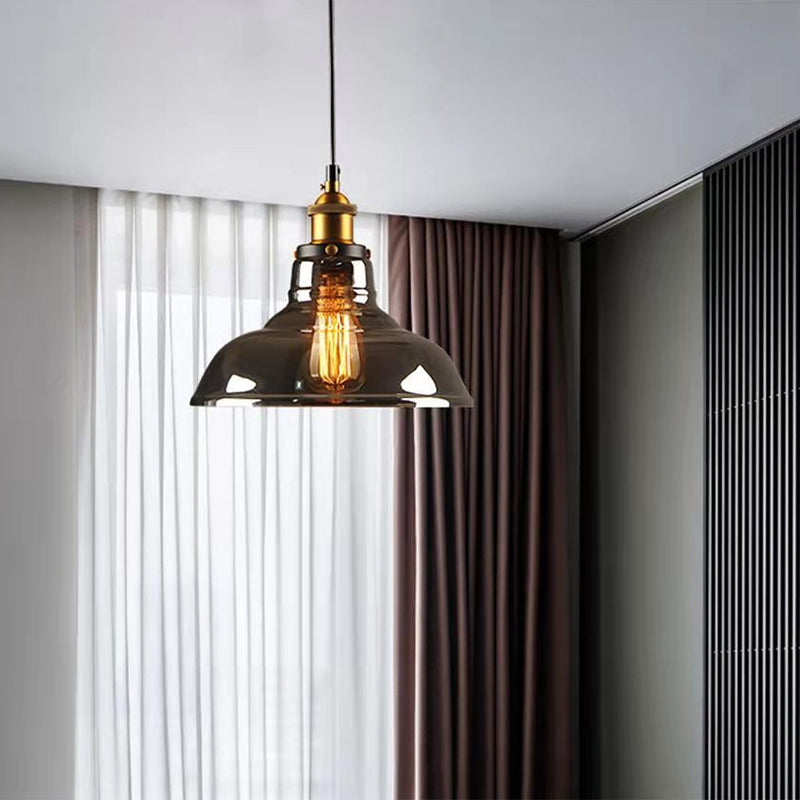 Luce a sospensione a soppalco industriale in vetro trasparente a 1 luci a 1 lutto.