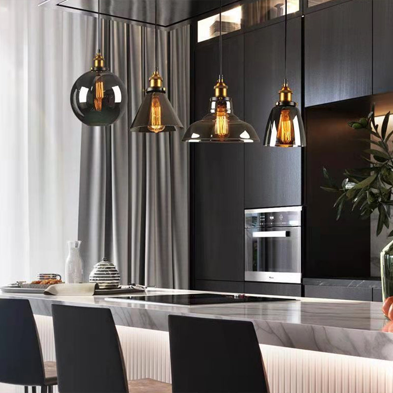 Luce a sospensione a soppalco industriale in vetro trasparente a 1 luci a 1 lutto.