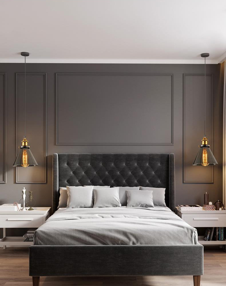 Luce a sospensione a soppalco industriale in vetro trasparente a 1 luci a 1 lutto.