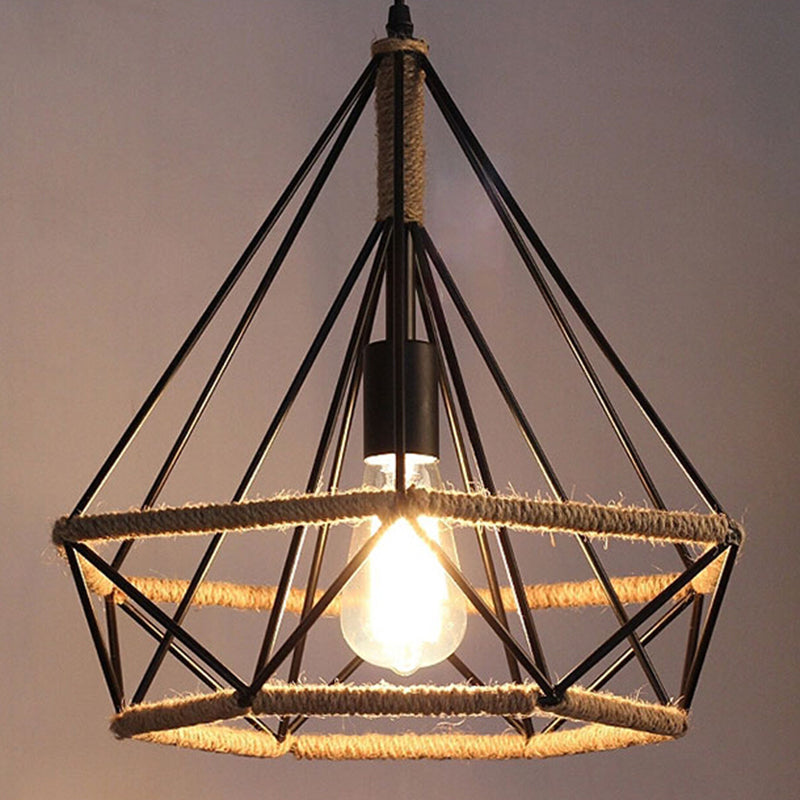 Black Rope Geometric Cage Ceiling Light Industrial Loft Hanging Light for Dining Room