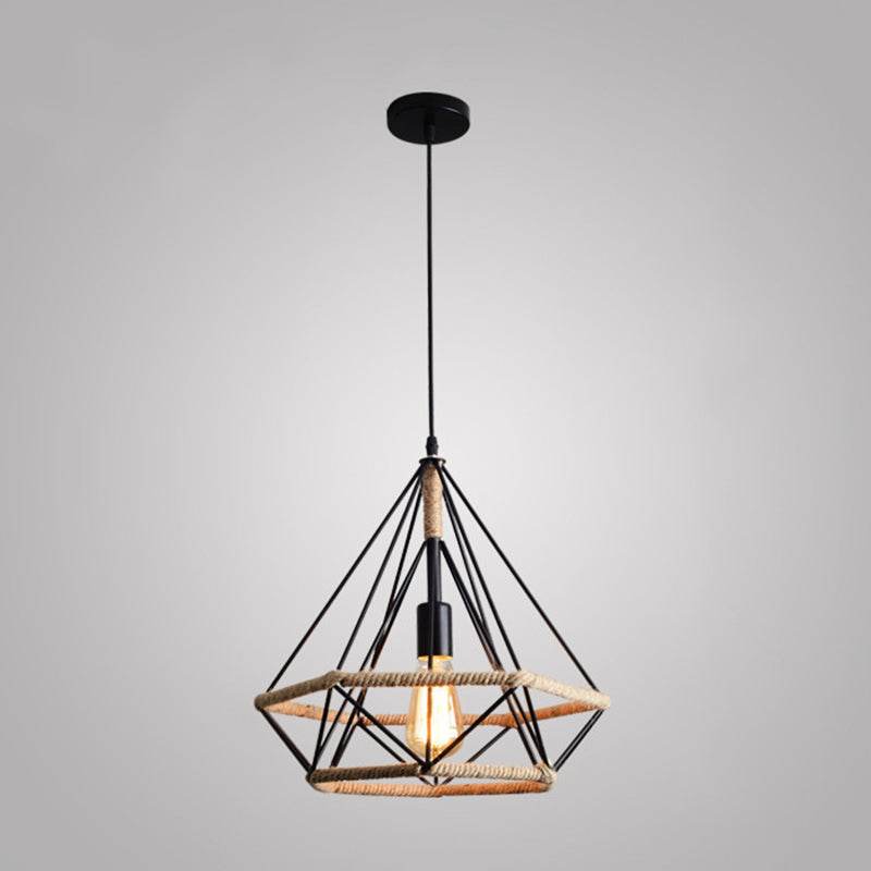 Black Rope Geometric Cage Ceiling Light Industrial Loft Hanging Light for Dining Room