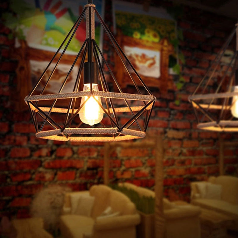 Black Rope Geometric Cage Ceiling Light Industrial Loft Hanging Light for Dining Room