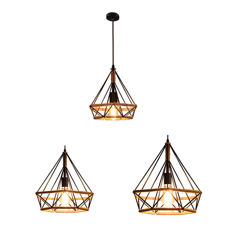 Black Rope Geometric Cage Ceiling Light Industrial Loft Hanging Light for Dining Room