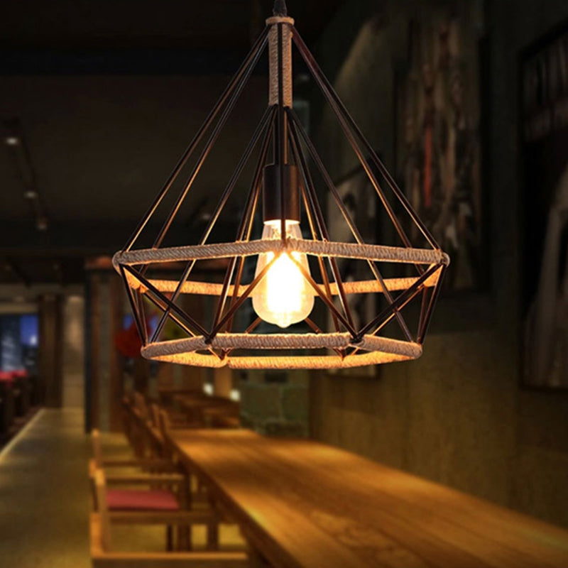 Black Rope Geometric Cage Ceiling Light Industrial Loft Hanging Light for Dining Room