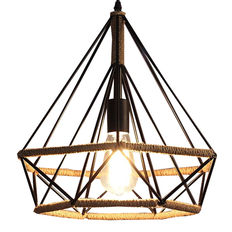 Black Rope Geometric Cage Ceiling Light Industrial Loft Hanging Light for Dining Room