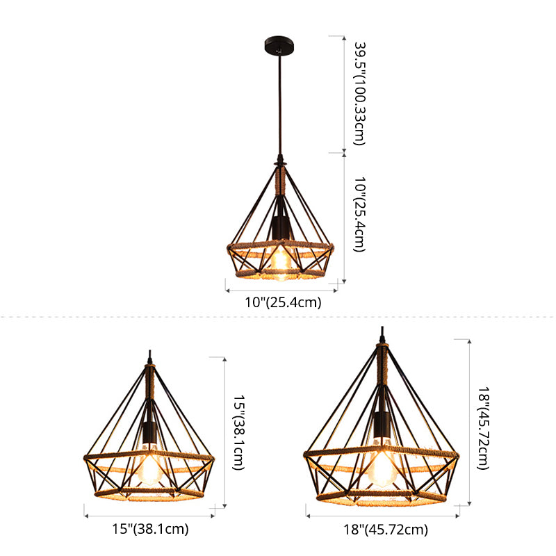 Black Rope Geometric Cage Ceiling Light Industrial Loft Hanging Light for Dining Room