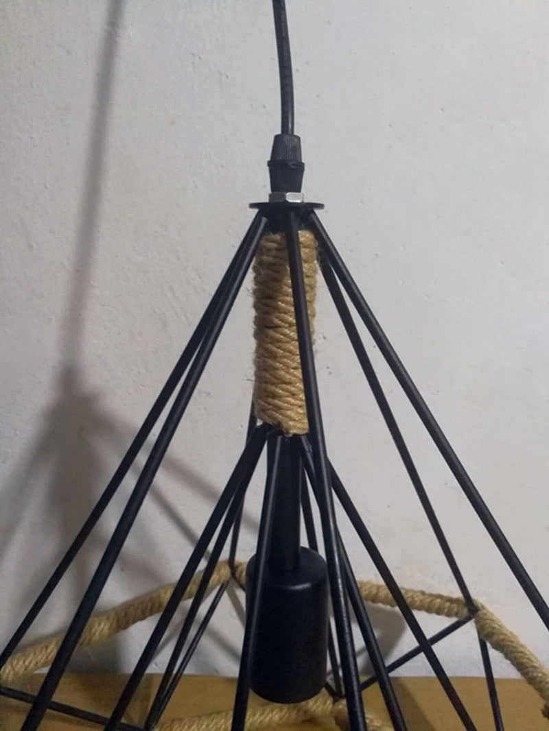 Black Rope Geometric Cage Ceiling Light Industrial Loft Hanging Light for Dining Room