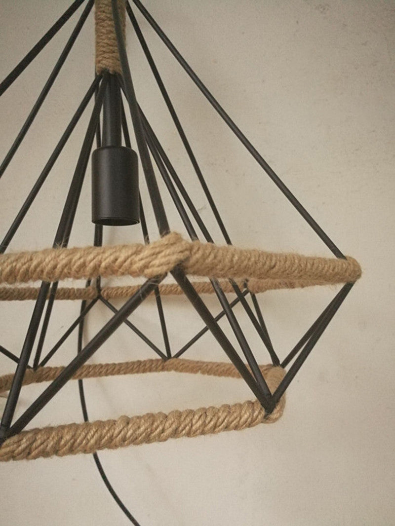 Black Rope Geometric Cage Ceiling Light Industrial Loft Hanging Light for Dining Room