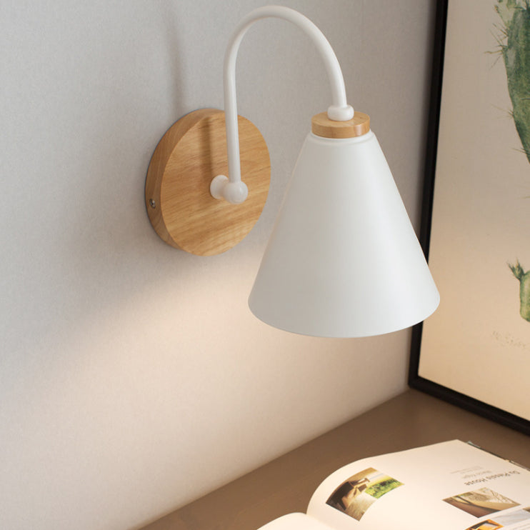 1-Light Minimalism Nordic Style Wall Lamp Metal Gooseneck Arm Design Cone Shade Sconce Lights for Bedroom