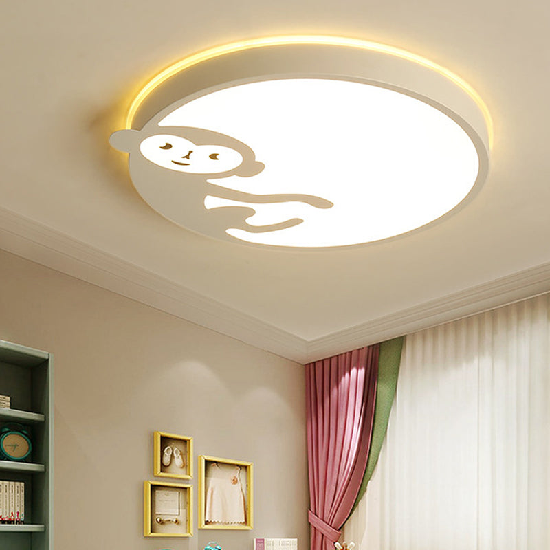 Lámpara de techo LED redonda blanca en el dormitorio infantil, con lámpara de techo metálico para monos y animales