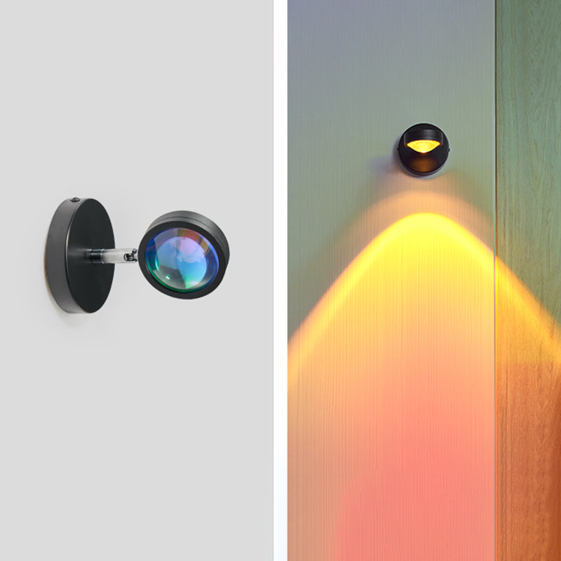 Round Sunset Projection Lamp Trendy Modern Metal Bedside LED Wall Light in Black