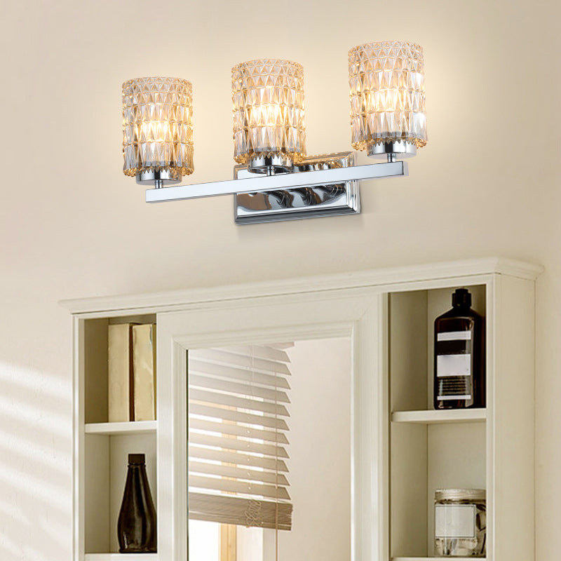 3-Light Cylindrical Vanity Lamp Traditional Chrome Lattice Glass Wall Sconce for Bathroom