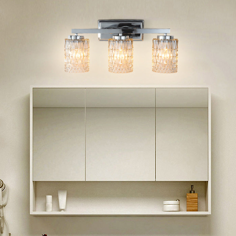 3-Light Cylindrical Vanity Lamp Traditional Chrome Lattice Glass Wall Sconce for Bathroom