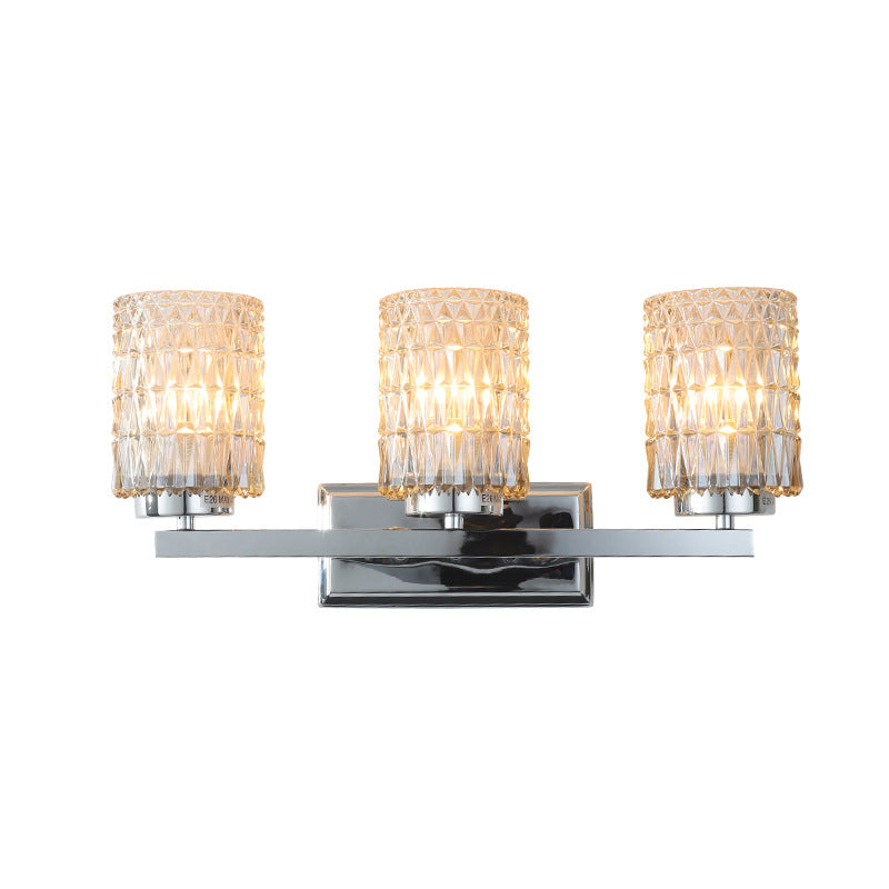 3-Light Cylindrical Vanity Lamp Traditional Chrome Lattice Glass Wall Sconce for Bathroom