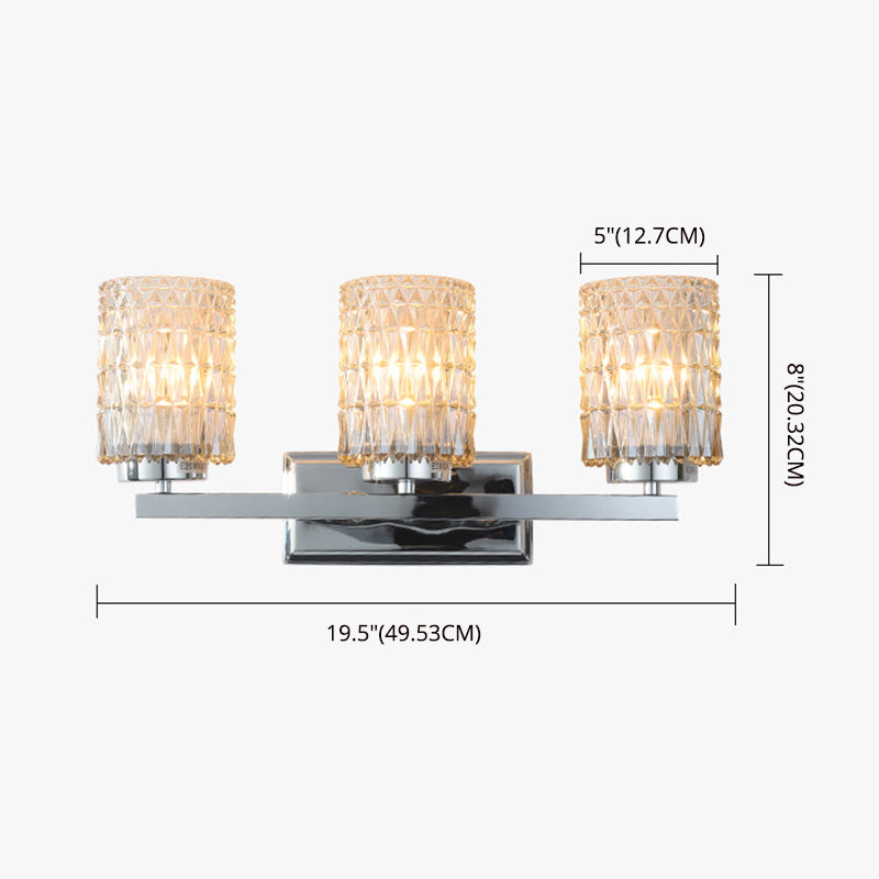 3-Light Cylindrical Vanity Lamp Traditional Chrome Lattice Glass Wall Sconce for Bathroom