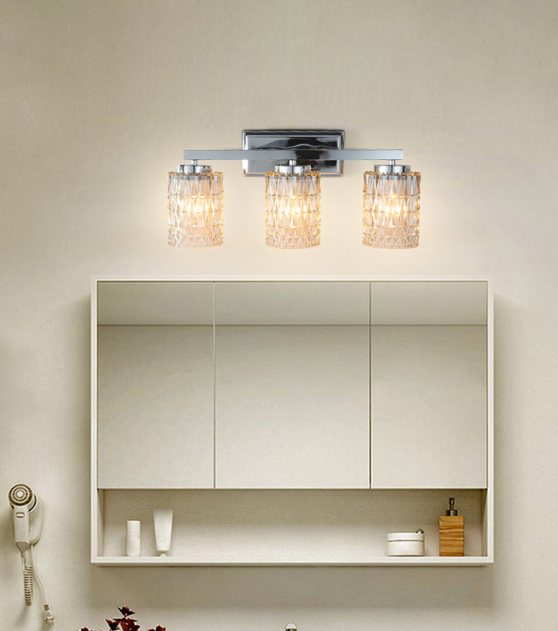 3-Light Cylindrical Vanity Lamp Traditional Chrome Lattice Glass Wall Sconce for Bathroom