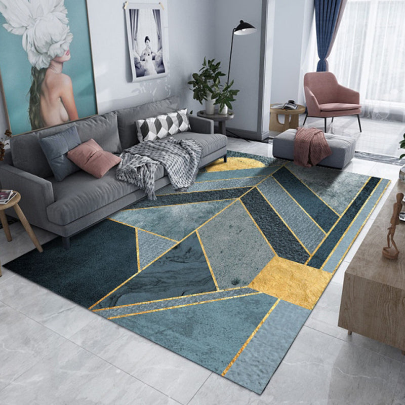 Green Tone Modern Indoor Rug Polyester Geometric Splicing Print Carpet Easy Care Rug for Home Decoration